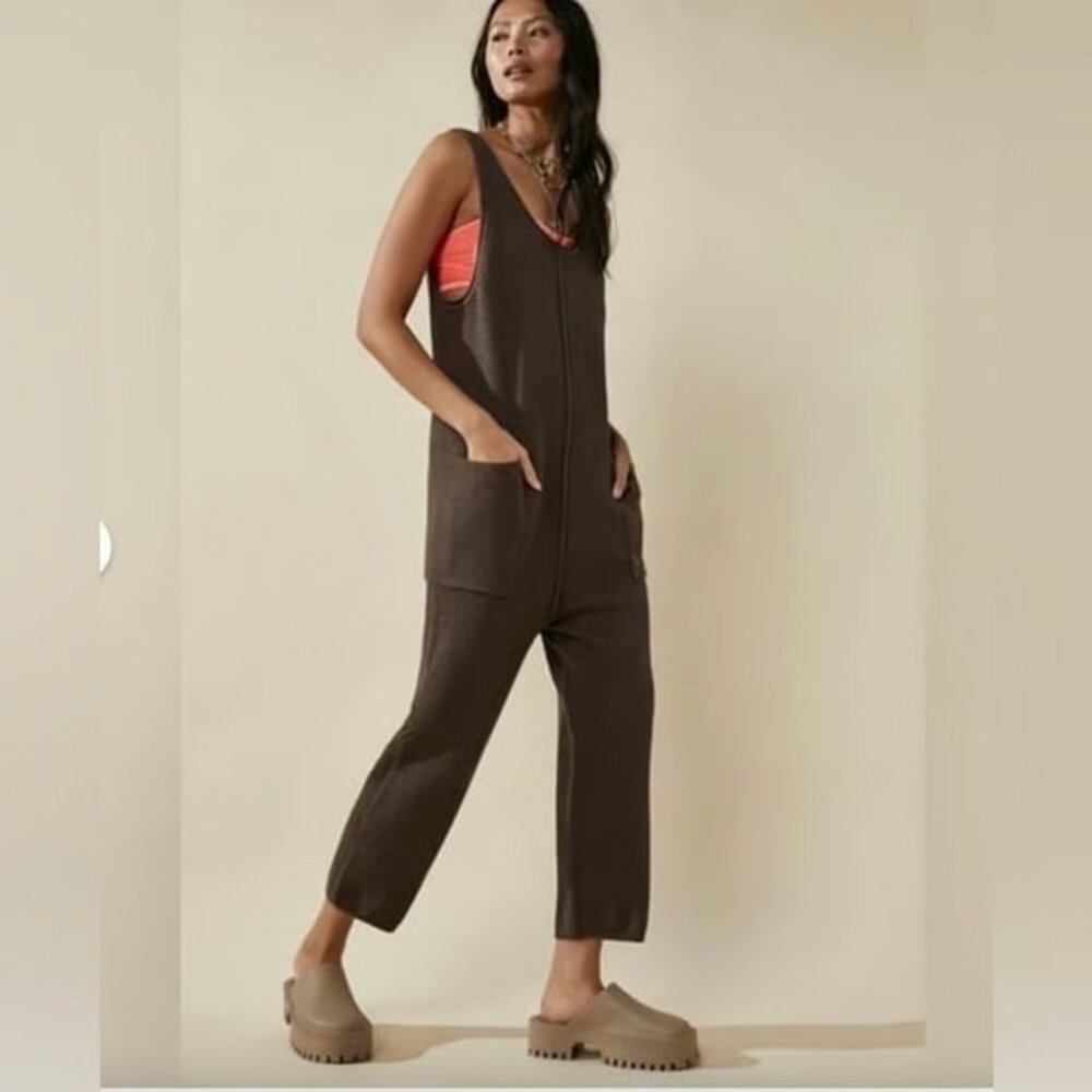 Free People Beach Hailee Knit Overalls (Minked Brown, Large)